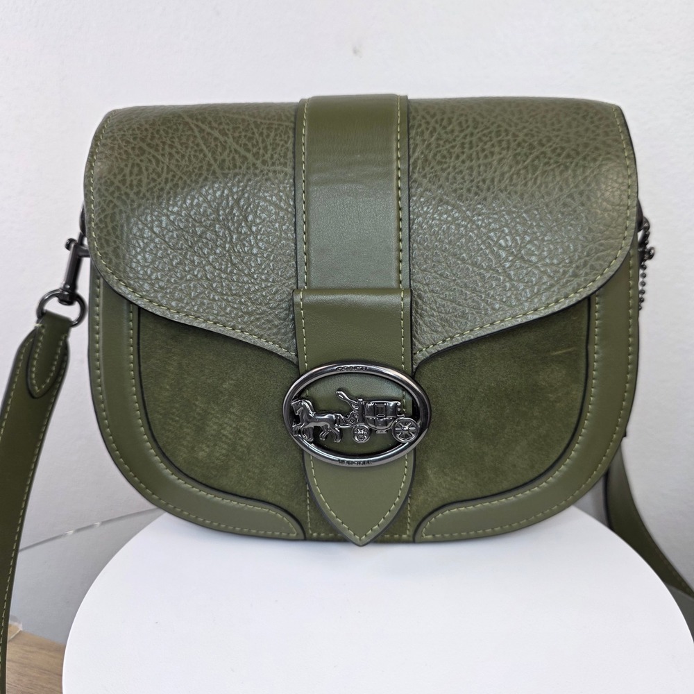 Coach Georgie Saddle Crossbody Bag Olive Green Suede Leather - Picture 12 of 13